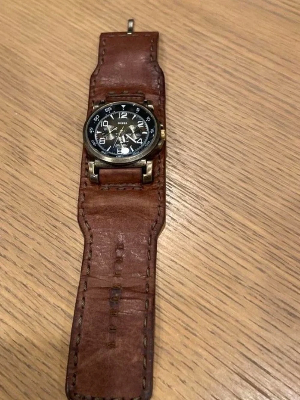 Guess Men's Brown Leather Wide Cuff Watch with Black Dial